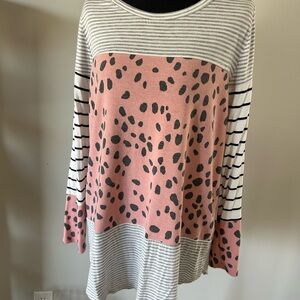 BiBi Pink and Gray Patterned Long Sleeve Top